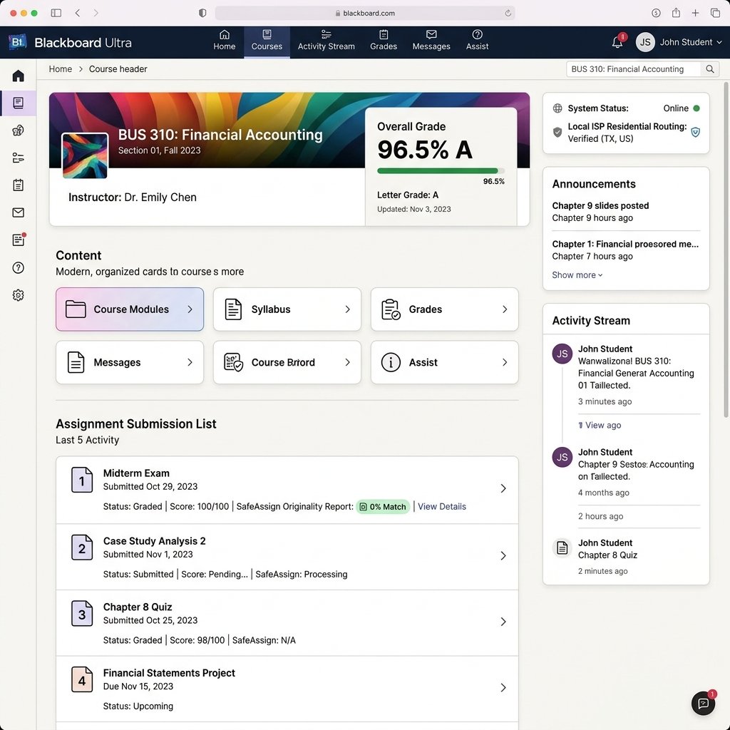 Blackboard Ultra student dashboard showing 96.5% A grade and SafeAssign 0% match